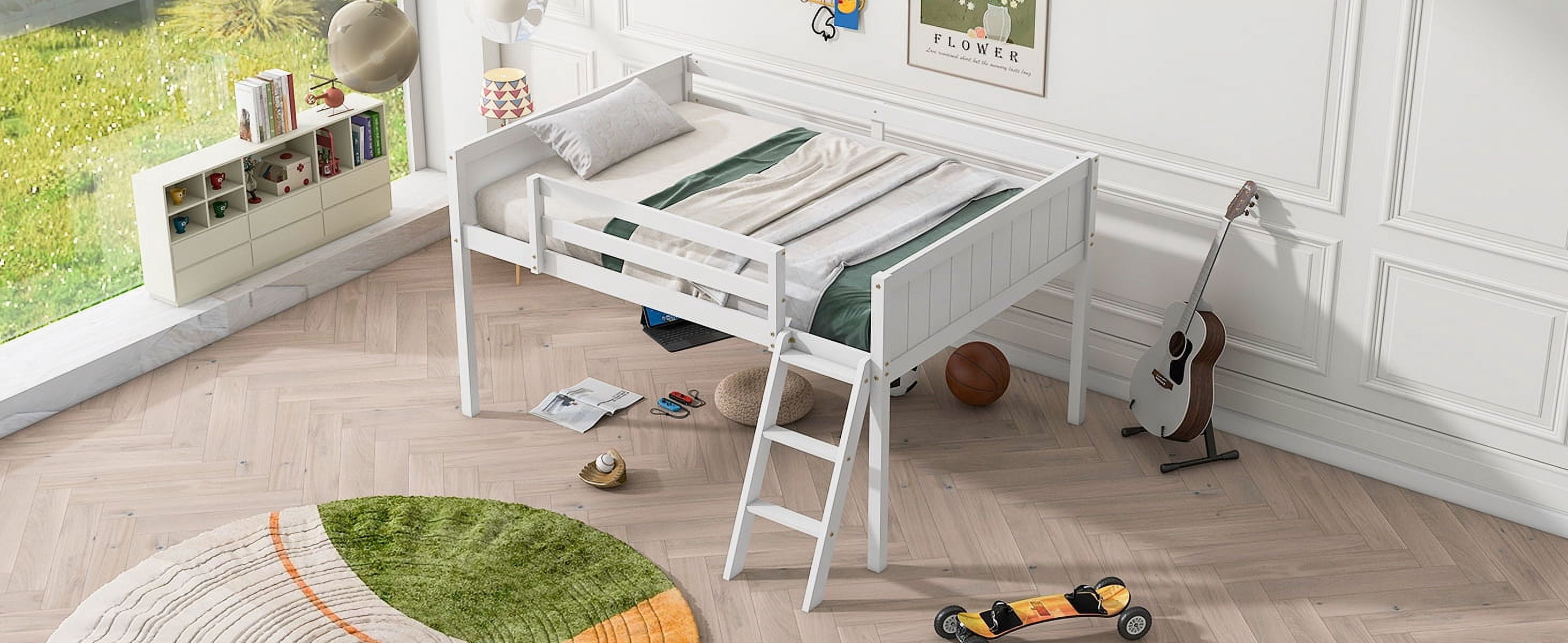 MAYEERTY Full Size Wood Low Loft Bed with Ladder, ladder can be placed on the left or right, White