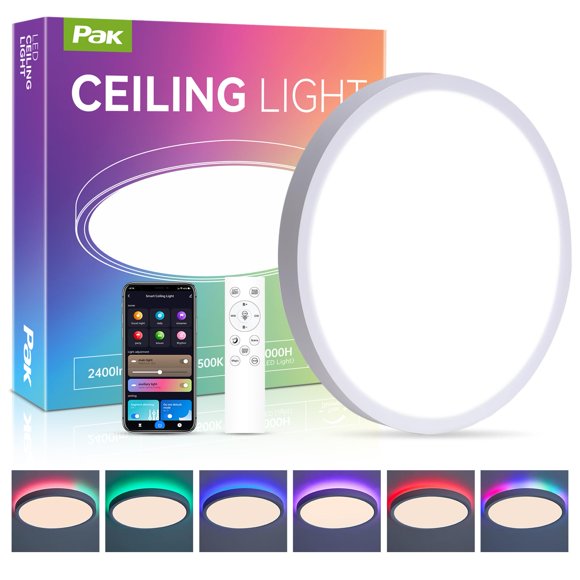 12 Inch Smart Ceiling Light, RGB+IC LED Flush Mount Light Fixture, 2400LM Dimmable, APP & Remote Control, 2700K-6500K DIY Color Ceiling Light for Bed
