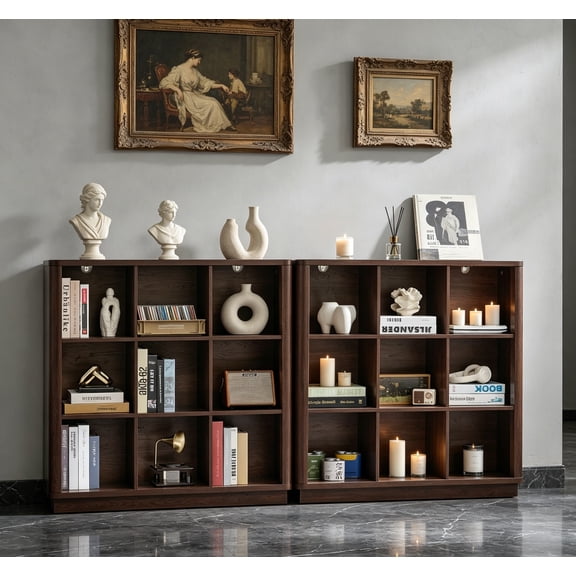 9 Cube Bookshelf, 40.5" Wide Organizer Bookcase with Curved Edge, Wood Floor Standing 3-Tier Cubby Book Shelf with Base, Vintage Display Storage Cabinet for Living Room, Home Office, Walnut