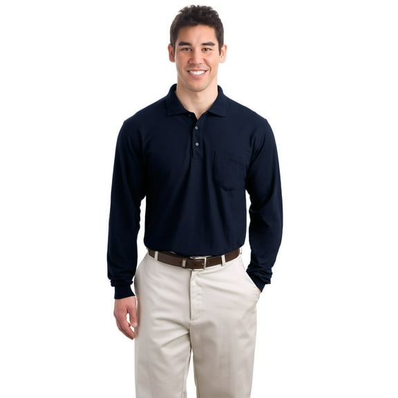Port Authority K500LSP Mens Long Sleeve Silk Touch Polo with Pocket, Navy - Extra Small