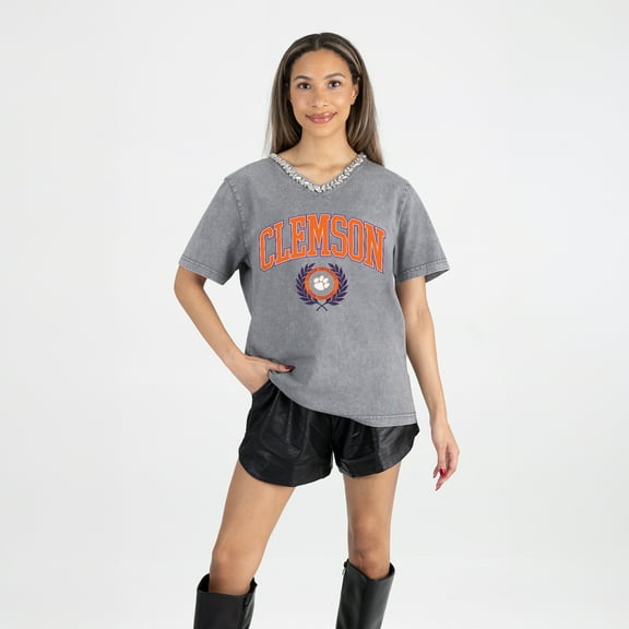 Women's Gameday Couture Gray Clemson Tigers Iconic Edge Rhinestone V-Neck T-Shirt