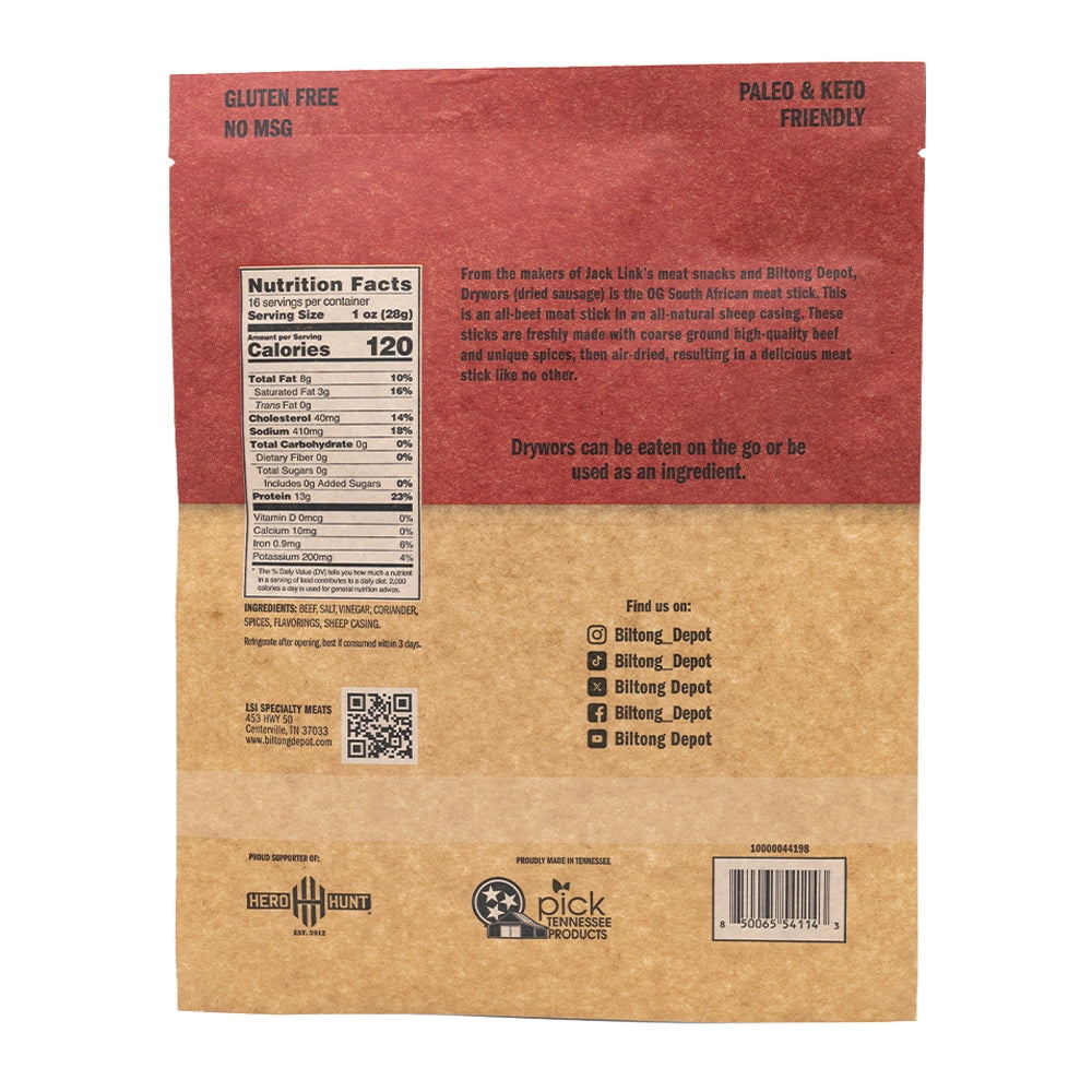 Biltong Depot Smoked Drywors (1 pound): High Protein Snack, No Sugar, Natural Dried Beef Sausage Stick