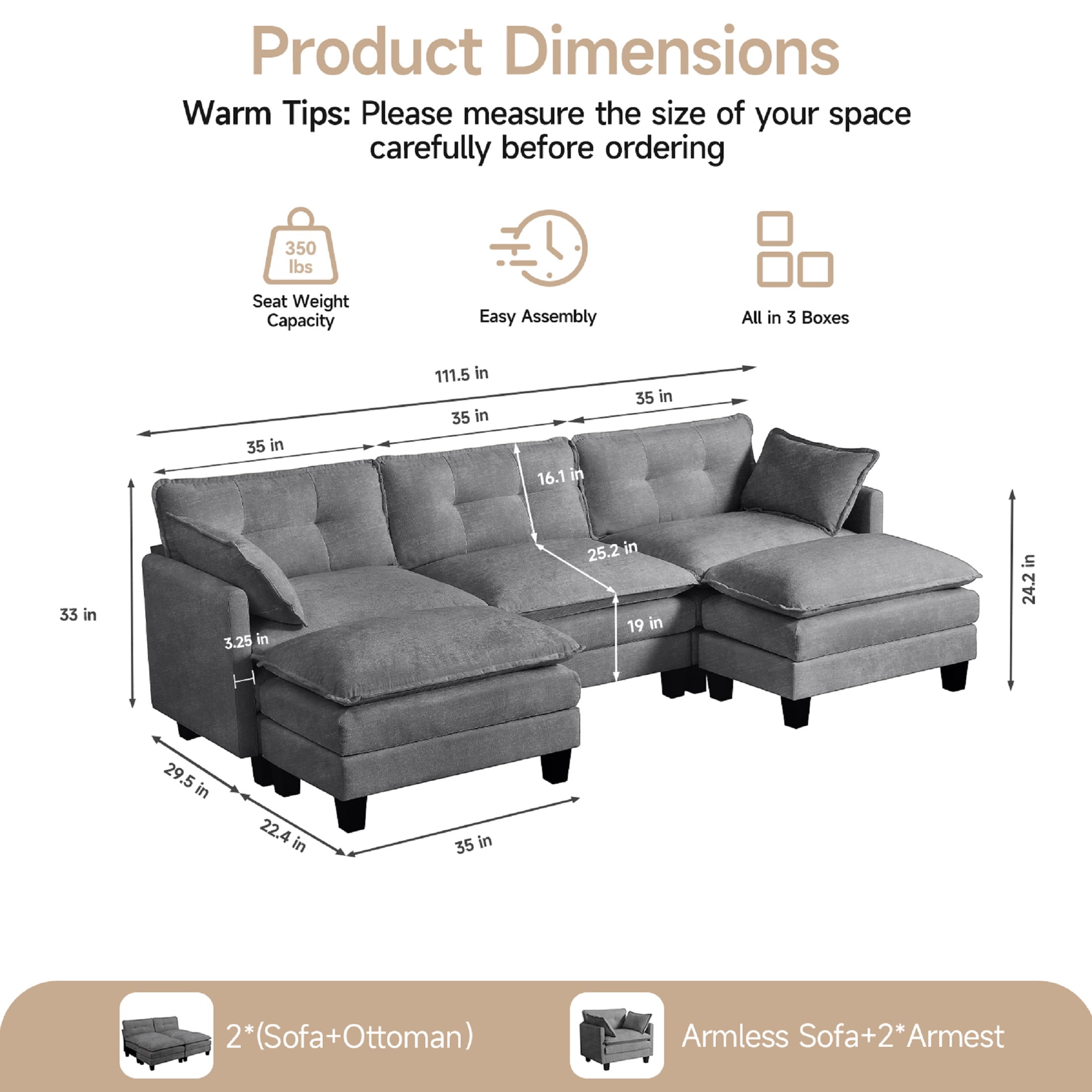 Amsleekey 111.5" Modular Sectional Sofa with 2 Movable Ottomans, U-Shaped Modern Chenille Cloud Couch for Living Room, Comfy Deep Seat Large Daybed, Grey