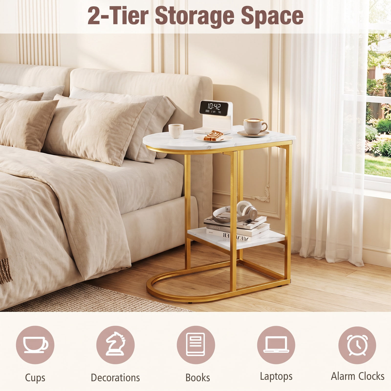 Furnibear C Shaped Modern Sofa Side Table with Faux Marble Tabletop and Two Tier Storage Shelf for Living Room Bedroom and Lounge, White