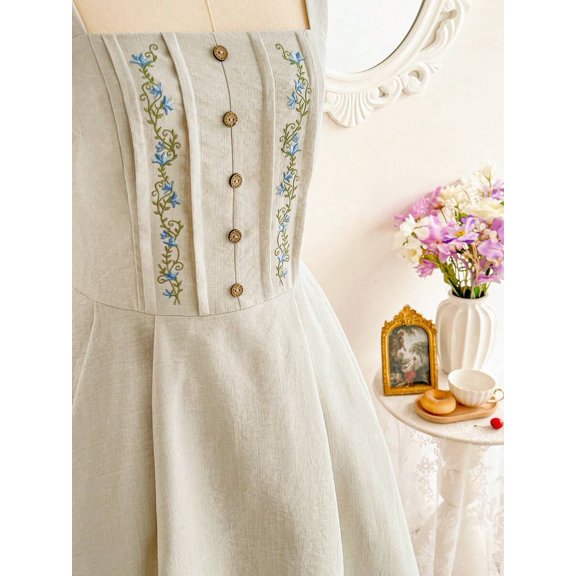 Apricot Vintage Floral Embroidered Pleated Square Neck Spaghetti Strap Casual Short Dress