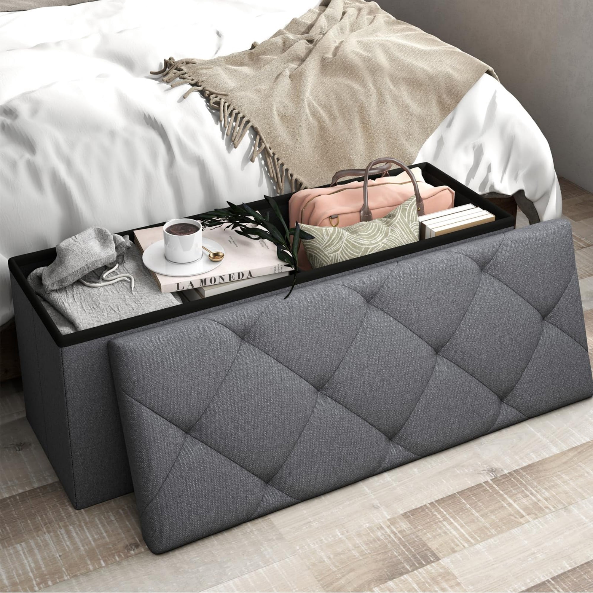 30" Storage Ottoman Bench, Folding Storage Bench Ottoman with Lid, 400 lbs Capacity, Fabric Footrest Seat for Bedroom Living Room Entryway, Grey