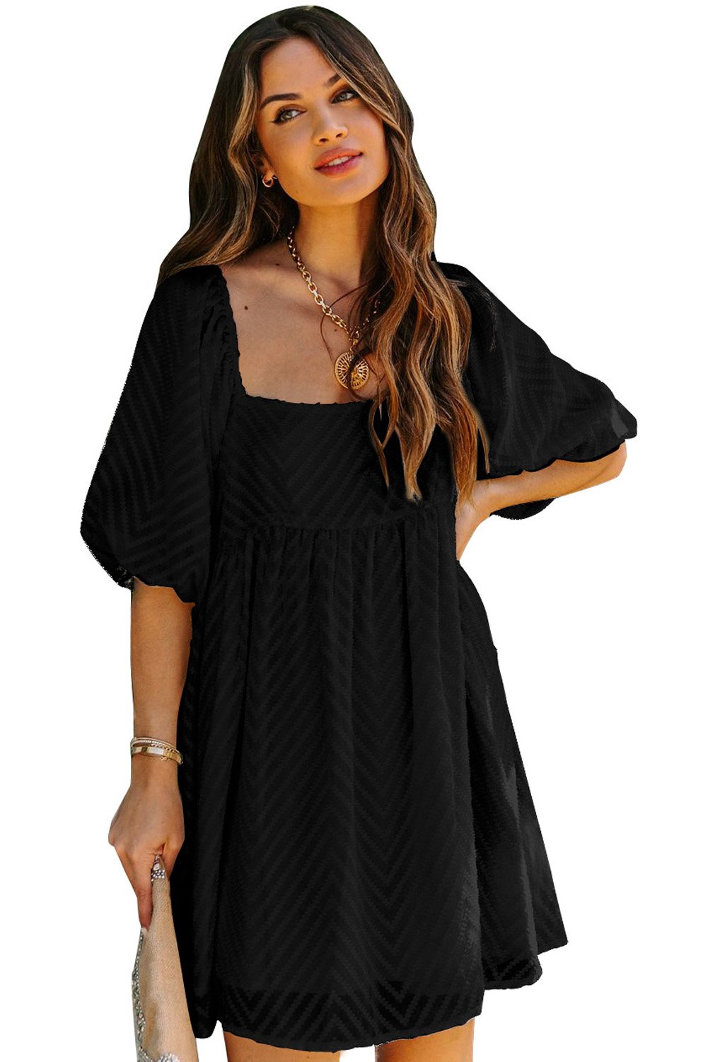 Women Black Square Neck Puff Sleeve 