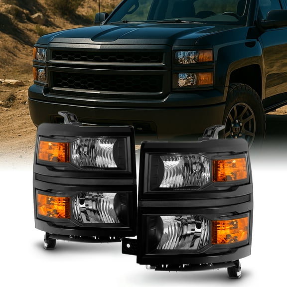 AKKON - For 2014 2015 Chevy Silverado 1500 Pickup Truck Black Bezel Headlight Lamp Assembly Driver   Passenger Side