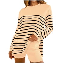 Kaemgyyd Womens 2 Piece Sweater Sets Lounge Cozy Outfits Long Sleeve Stripe Knit Top and Ribbed Shorts Matching Tracksuit Set
