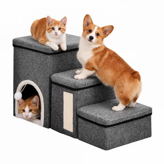 Eurhowing 3-Step Dog Stairs with Storage, 16.9"H Foldable Dog Ramp Steps for Couch/Bed, Pet Stairs for Small Medium Dogs & Cats, Gray