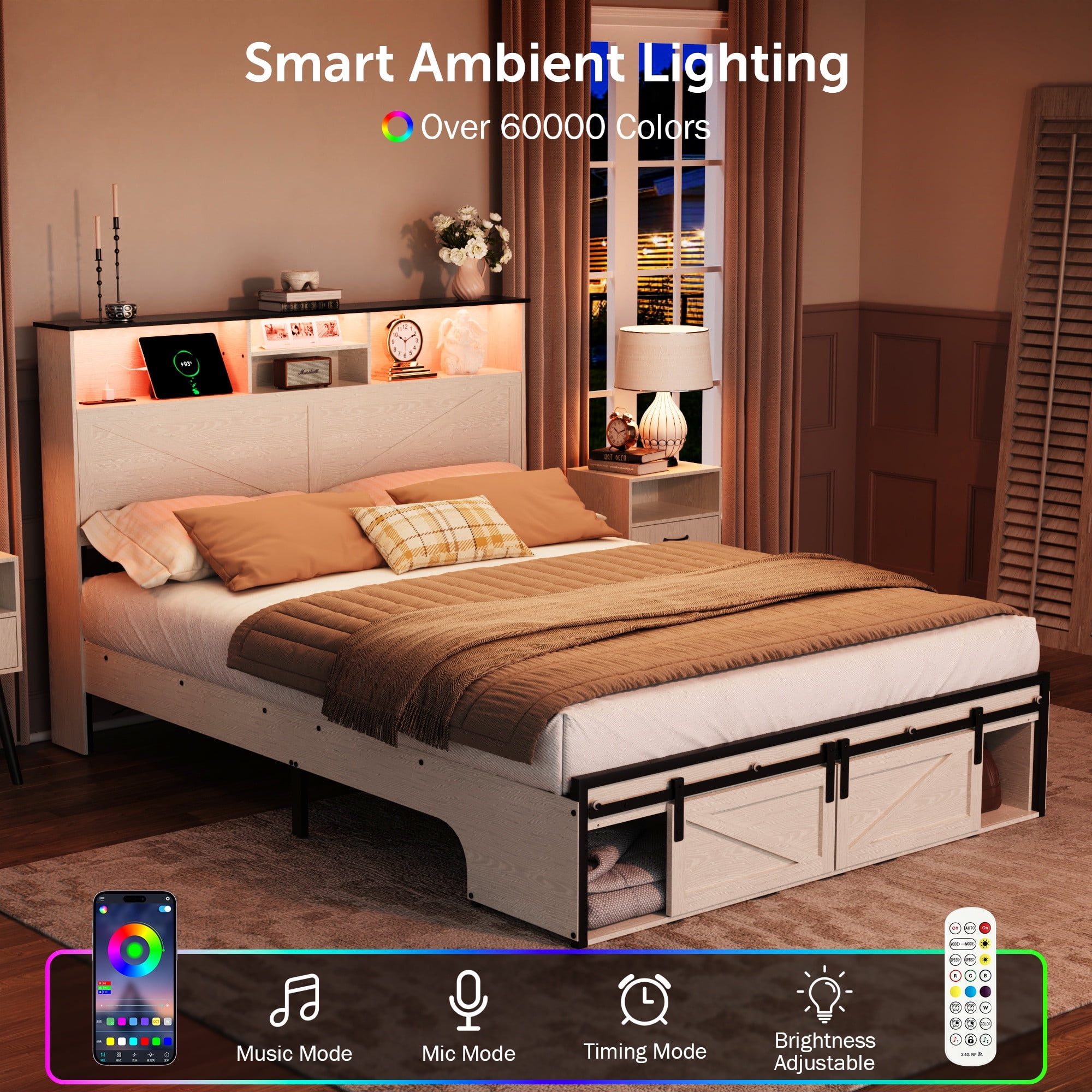 Queen Size Bed Frame, Holaki Farmhouse Queen Bed Frame with Storage Headboard, Charging Station & LED Lights, 2 Storage Drawers, No Box Spring Needed, Noise Free, Easy Assembly, White