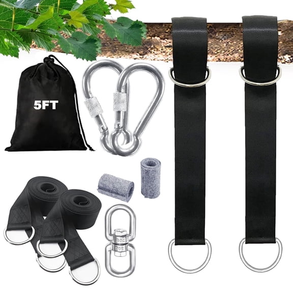 GoXteam Tree Swing Strap Hanging Kit, Hammock Straps 5Ft with Heavy Duty Safety Lock Carabiner Hooks for Swing Hammocks Yoga Seat Sandbags Gym Equipment Pulley System