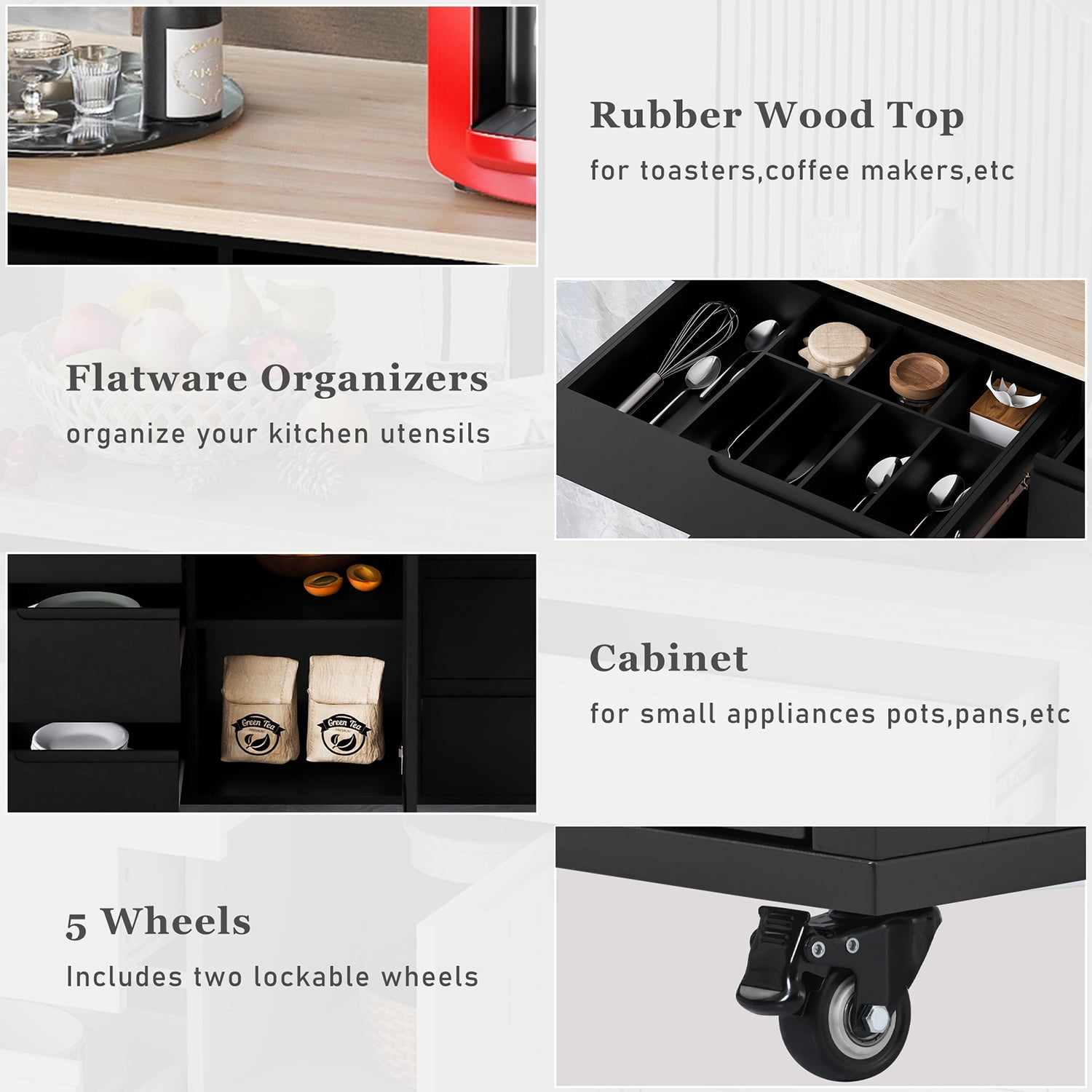 Kepooman 53.15 Inch Width Indoor Modern Rolling Kitchen Cart, Rubber Wood Kitchen Cart on Wheels with Spice Rack, Towel Rack-Black Kepooman 53.15 Inch Width Indoor Modern Rolling Kitchen Cart, Rubber Wood Kitchen Cart on Wheels with Spice Rack, Towel Rack-Black