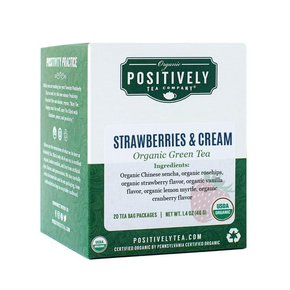 Positively Tea's Organic Strawberries and Cream Tea, Green Tea Bags, 120 CT Tea Bags 6 Boxes