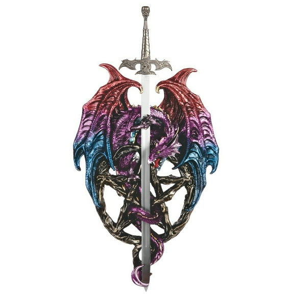 FC Design 18"H Colorful Dragon with Sword Wall Plaque Statue Sculpture Ornament Decoration Home/Room Decor and Unique Gift Ideas for Housewarming, Holidays and Birthdays