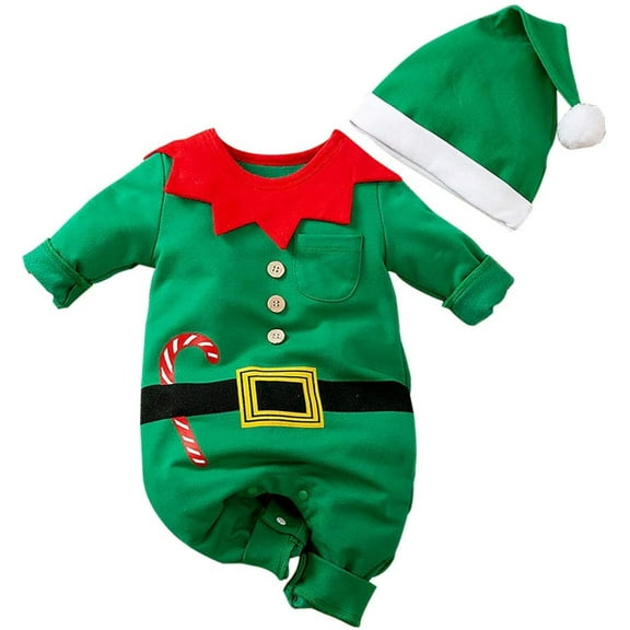 Hifot My First Christmas Baby Girl Boy Romper Christmas Outfits Newborn Long Sleeve Jumpsuit Hat Infant Clothes Set, 0-3 Month, Green