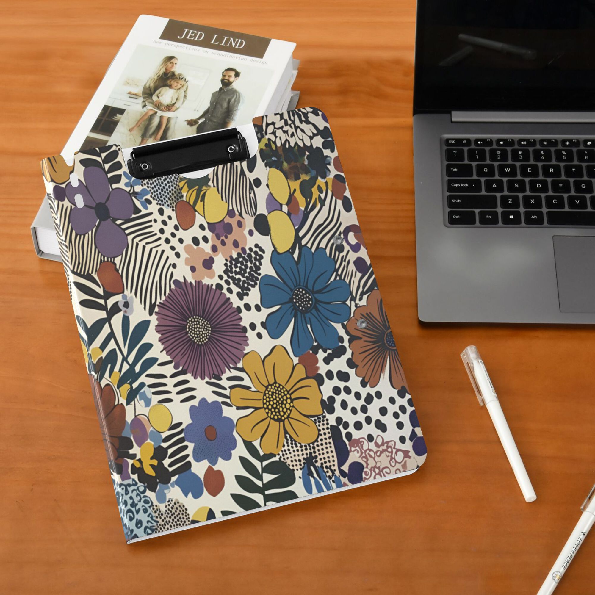 FORMRS A4 Clipboard Folder with Pen Holder Horizontal Foldable School Office Binder, Blue Flowers