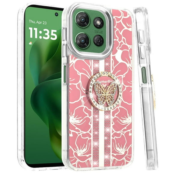 For Motorola Moto G Power 5G 2025 Case, Diamonds 3D Butterfly Floral Design Bling Sparkly Glitter Hybrid Metal Fashion with Ring Stand Phone Cover (Light Pink)