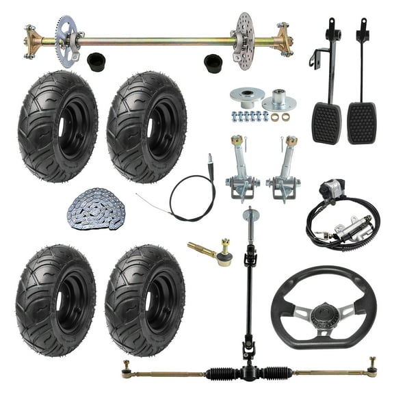 29" Complete Go Kart Rear Live Axle Kit with13x5.00-6 Wheels Tires Tubeless, Go Cart Steering Kit, Brake Assembly, Steering Spindle 3 Stud Wheel Hubs for DIY Drift Trike, ATV, Quad, Buggy