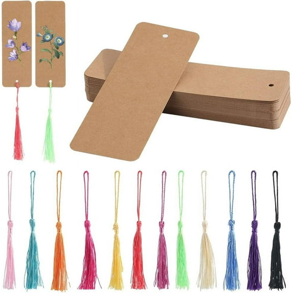 60Pcs 5.5 x 2In Blank Bookmarks Brown Cardstock Bookmarks with Tassel Kraft Paper Blank Book Mark Making Kits for DIY Gift Tags Crafts Art Projects Party Birthday Favor Wedding Decoration