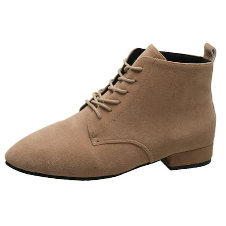

PMUYBHF Autumn/Winter New European And American Suede Short Tube Low Heel Women s Boots Pointed Front Lace up Solid Color Thick Heel Fashion Boots 32.98