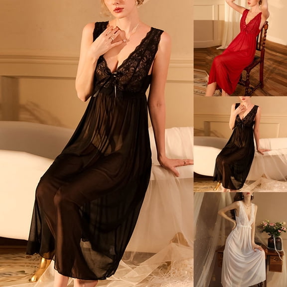 YHAJDS Womens Nightshirt Dress Solid Color Mesh Sleeveless Deep V Sheer Long Nightgown for Women Home Wear