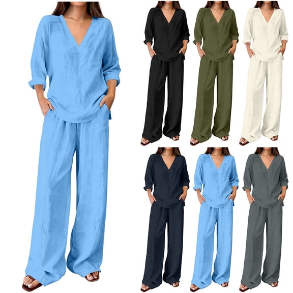 Bloomae Women's Loungewear Set 2 Piece Cotton Linen V Neck Long Sleeve Shirt & Wide Leg Pants with Pockets Lightweight Casual Solid Color Loose Fit Summer Outfit Black XXL