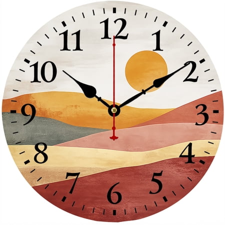 9.84 Inch Mid Century Modern Wall Clock, Abstract Boho Sunset Geometric Decorative Round Battery Operated Analog Clock for Living Room Kitchen Bedroom Office
