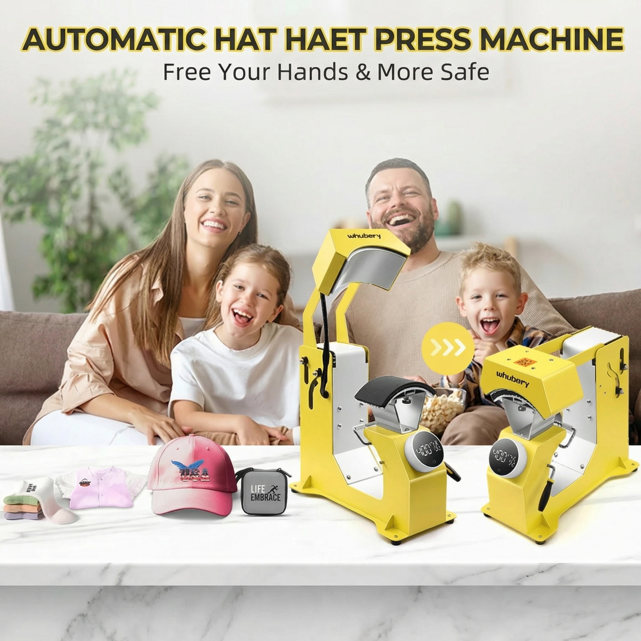 Adnoom 3-in-1 Hat Heat Press, Auto Cap Heat Press Machine with 3 Platens, Yellow