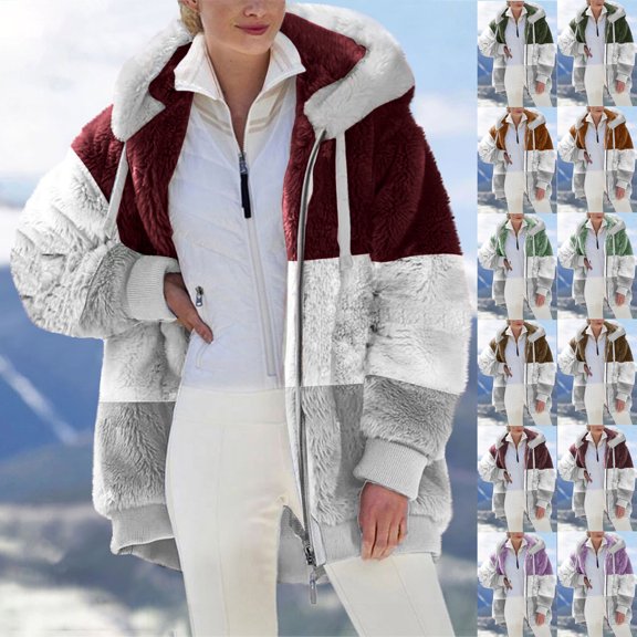 Winter Coats for Women Fleece Hooded Coats Plus Size Warm Fuzzy Long Sleeve Cardigan Patchwork Color Block Zip-up Plush Jackets Loose Outwear