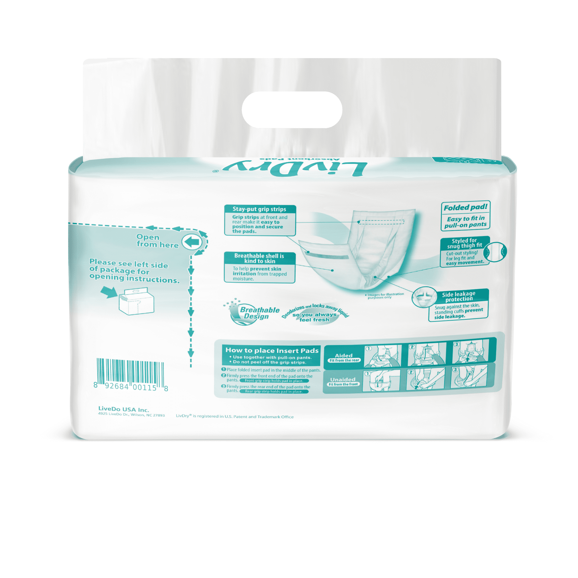 LivDry Unisex Incontinence Pad | Super Absorbent + Odor Control (Insert Pad for Protective Underwear, 30-Pack)