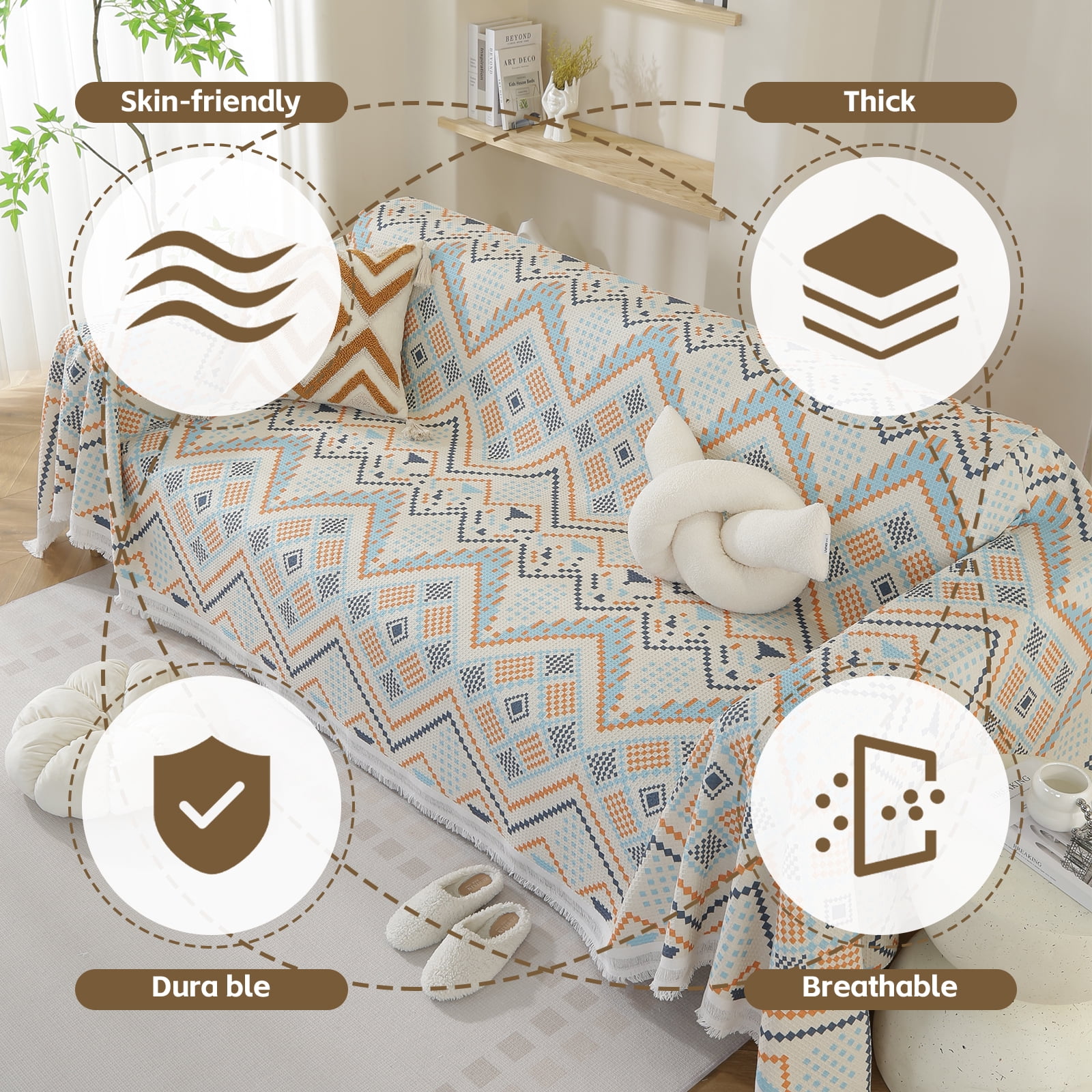 Croniis Boho Sofa Cover with Anti-slip Velcro Tape, Couch Blanket Cover Sectional Sofa Cover for Boho Style, Revitalizing the Old Sofa,Couch Protector,Printing Process 71*150in