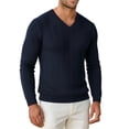 thumbnail image 3 of ZVAVZ V Neck Knit Tee Shirts for Men Long Sleeve Textured Tops Fall Casual Gym Athletic Shirts Stretchy Workout Running T-Shirt Navy L, 3 of 6