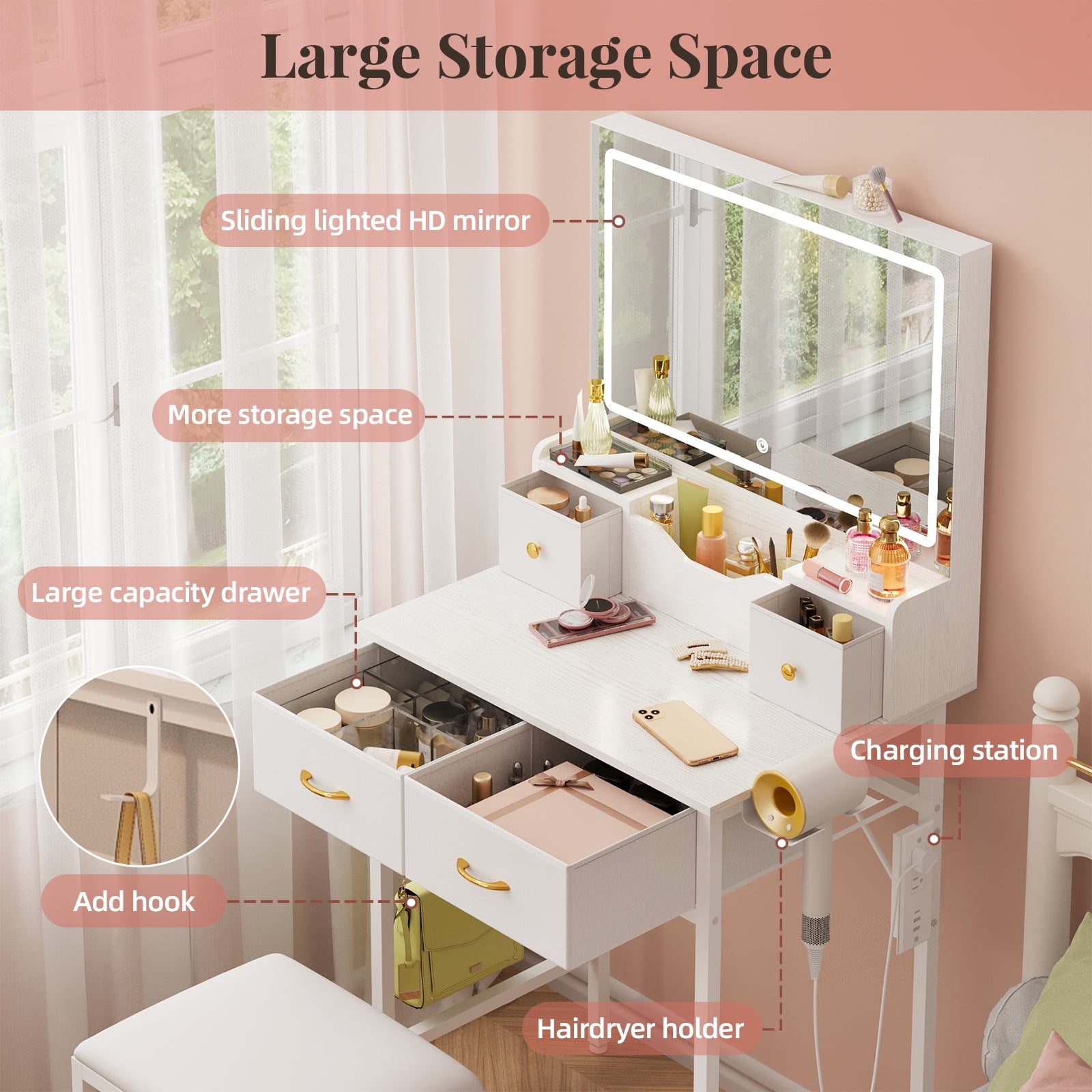 Tomnk White Vanity Desk with Mirror, LED Lights, Storage Shelves, Drawers & Chair