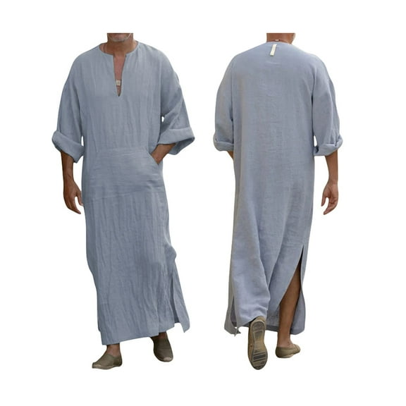 Men's Long Sleeve Robe Roll Up Long Sleeve Linen Side Split Kaftan Thobe with Pockets Long Gown Casual Shirt