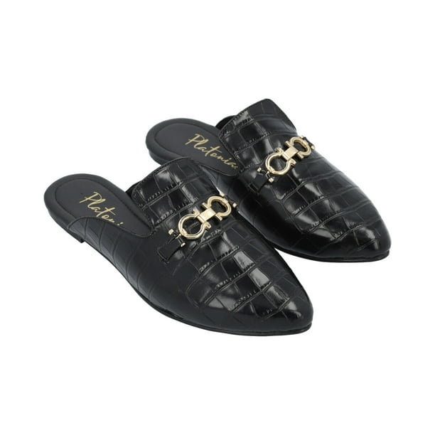 Flat Mule Tipo Mocasín Puntal Para Mujer Color Drillo Negro Platonia TERRANOVA-01-NEGRO