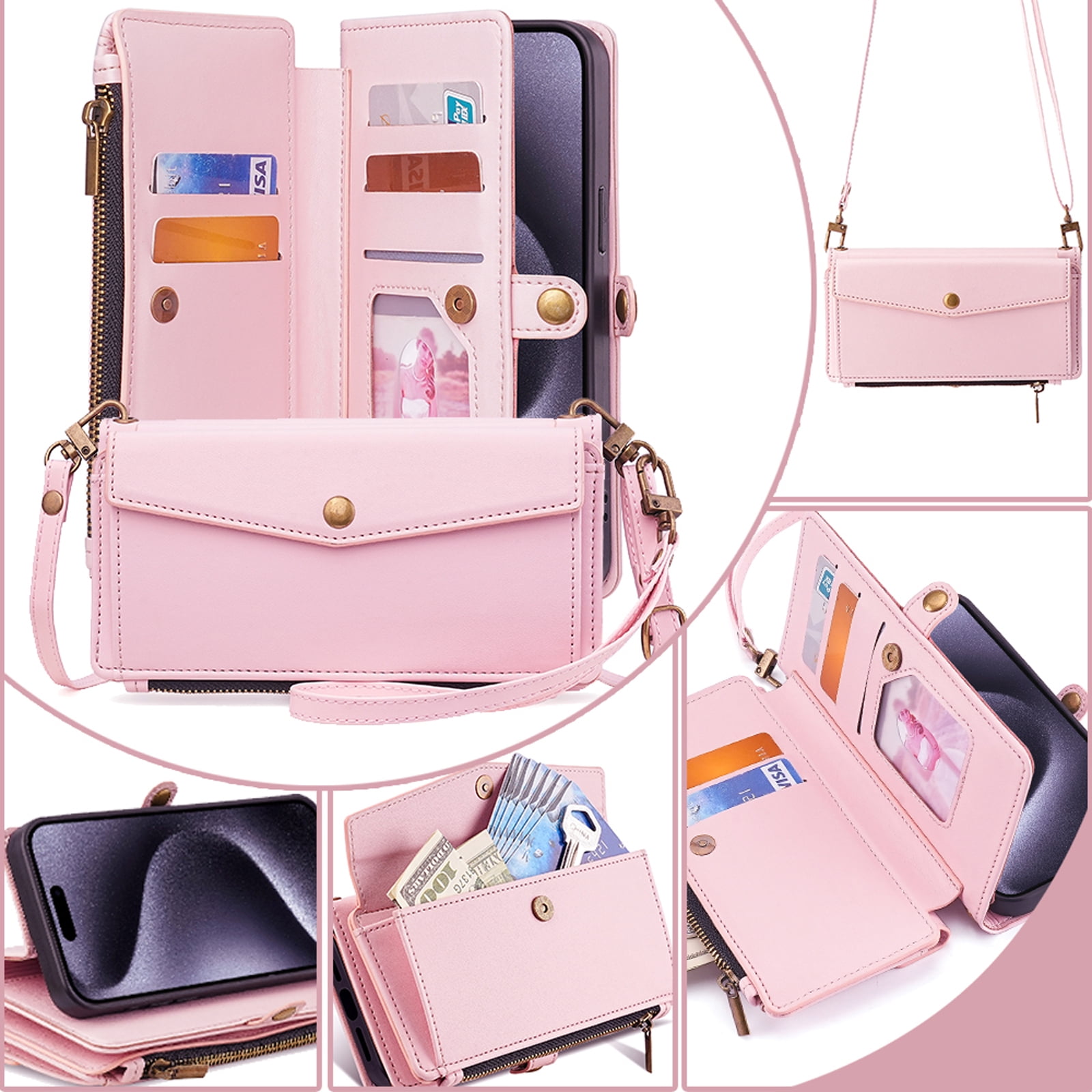 Compatible with iPhone 16 Pro Max Crossbody Wallet Case,Flip Folding Kickstand,With Card Slots,Long Strap&Short Strap,Zipper Pocket,Shockproof Heavy Duty PU Leather Phone Case,Pink