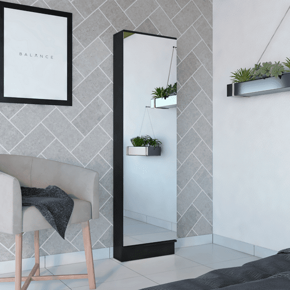 We Have Furniture Shoe Rack Chimg, Mirror, Five Interior Shelves, Black Wengue Finish