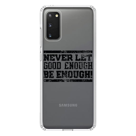 DistinctInk Clear Shockproof Hybrid Case for Galaxy S20 PLUS / 5G (6.7" Screen) - TPU Bumper Acrylic Back Tempered Glass Screen Protector - Never Let Good Enough Be Enough