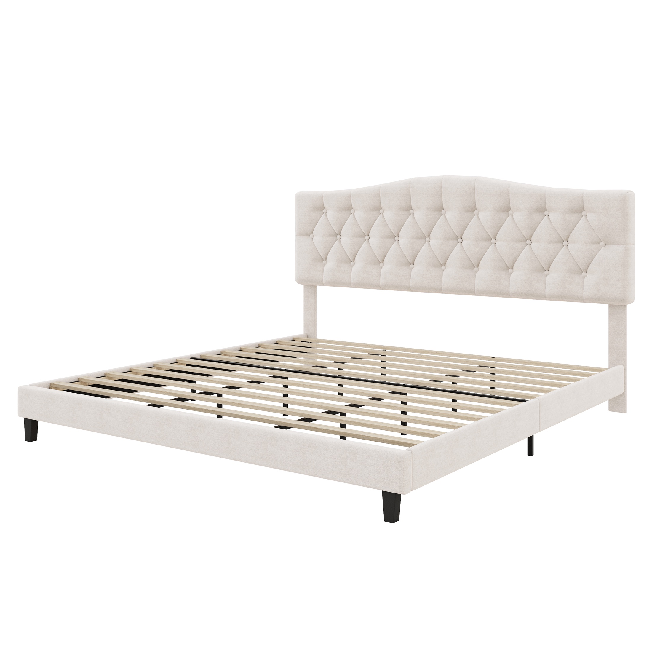 PORKISS King Size Linen Bed Frame with Upholstered Button Tufted Adjustable Headboard, Platform Bed with Wooden Slats Support, Holds 800lbs, Beige