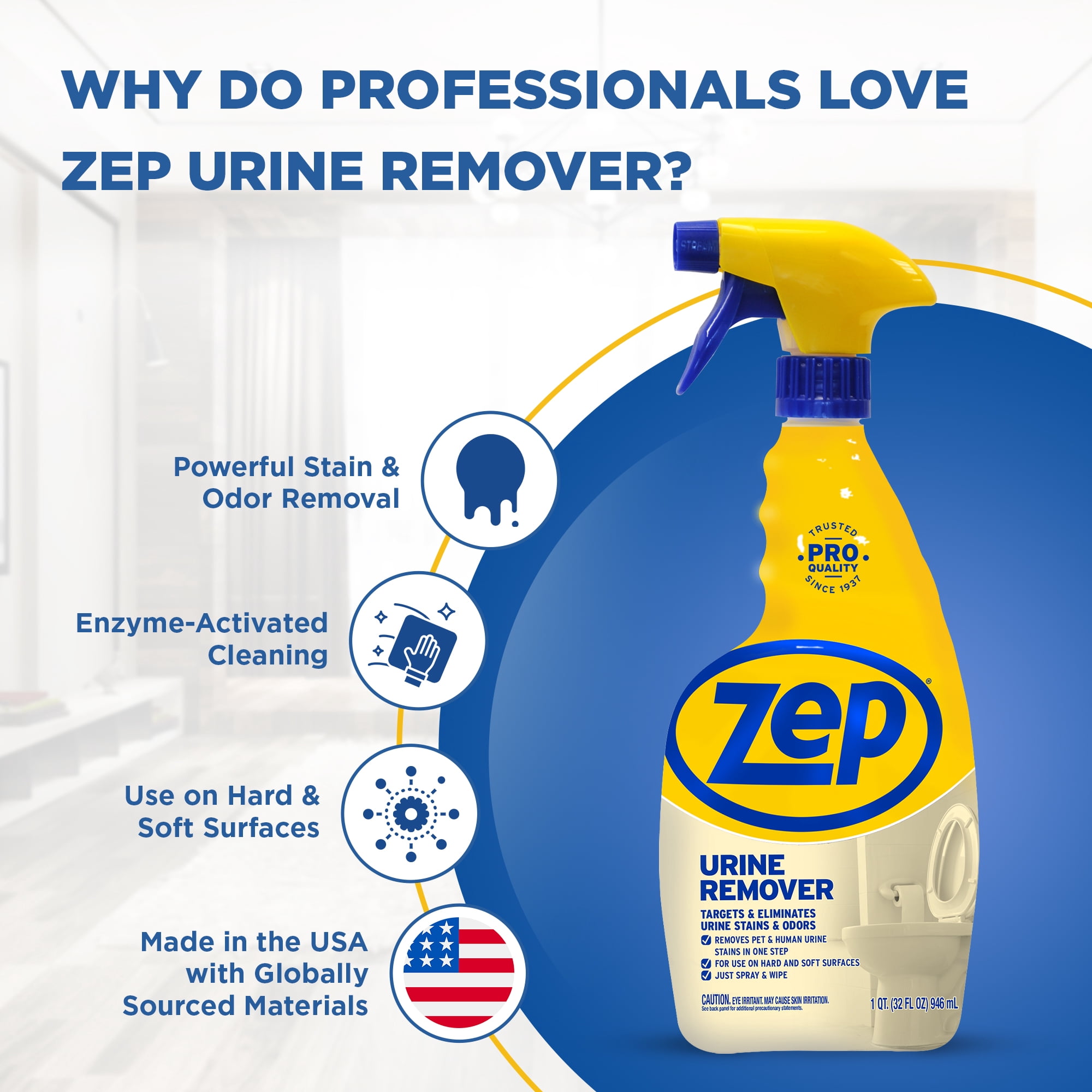 Zep Urine Remover - 32 oz. (Case of 12) ZUURMV32 - Targets and Eliminates Urine Odors and Stains, Use On Hard and Soft Surfaces