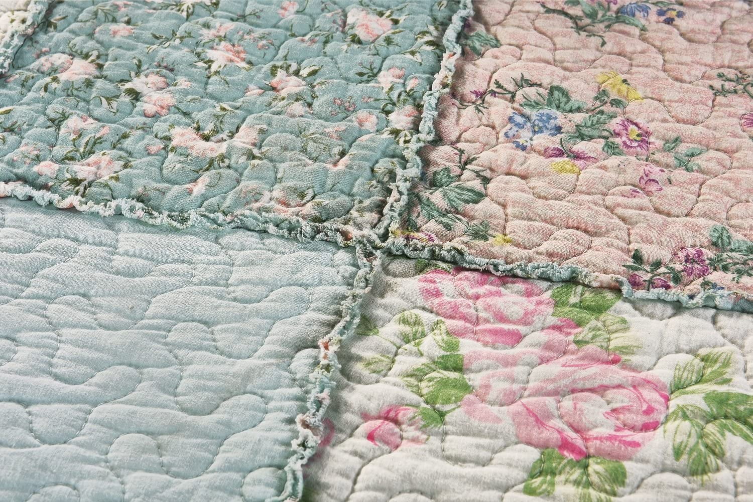 Chezmoi Collection Abbi 1-Piece Garden Floral Multicolor Blue Shabby Chic Throw Vintage Washed Cotton Ruffle Trim Patchwork Throw Blanket