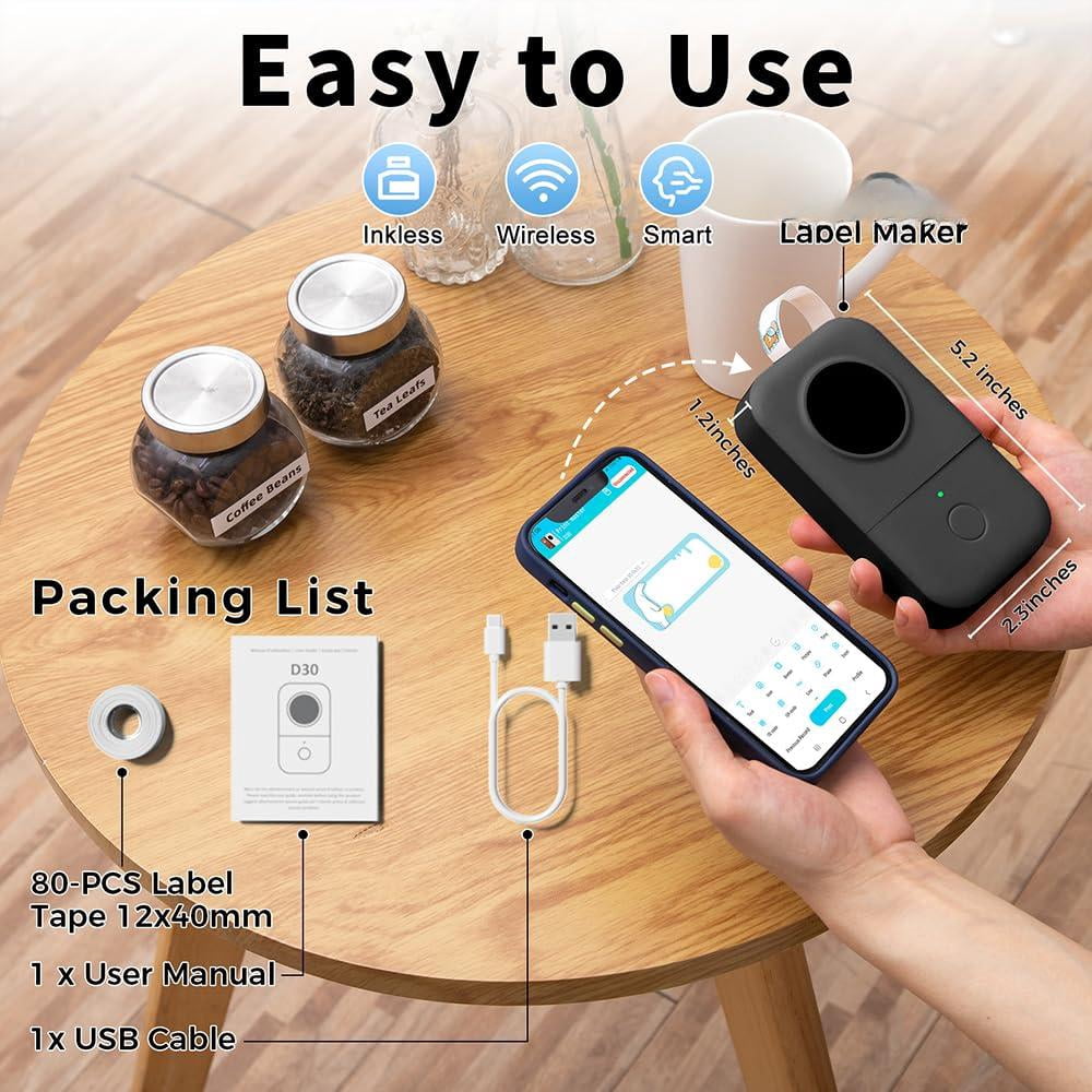 D30 Label Maker Machine  Mini For School Items Inkless Thermal Printer Portable Sticker Classroom Home Small Business Organizing