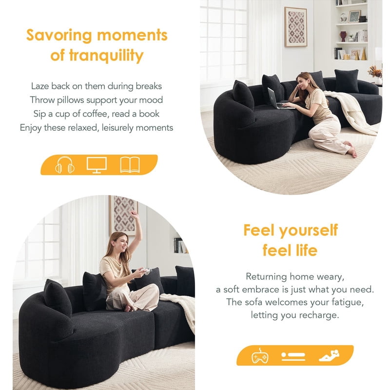 Curved Sectional Sofa with 4 Throw Pillows, Modern Luxury Chenille 4-Seater Cloud Couch with Deep Seat for Living Room, No Assembly Needed