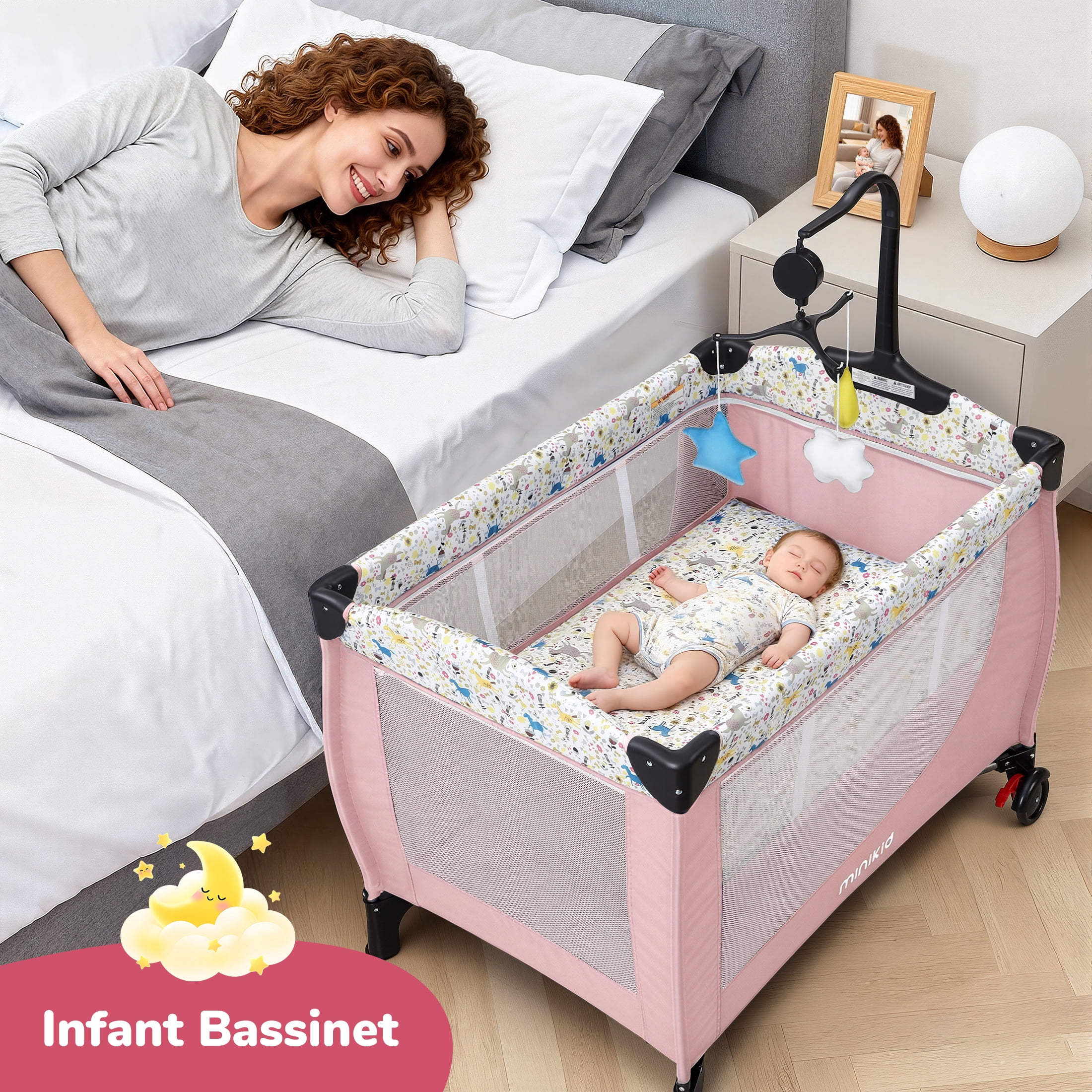 Minikid Baby Playard with Bassinet,Unisex Playpen Include Music Box and Hanging Toys,Portable Crib for Newborn to Toddlers,Pink