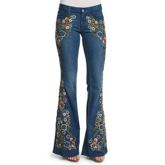Women's Bell Bottom Jeans High Waist Floral Embroidery Stretchy Pull-On Flare Denim Pants Casual Distressed Trousers