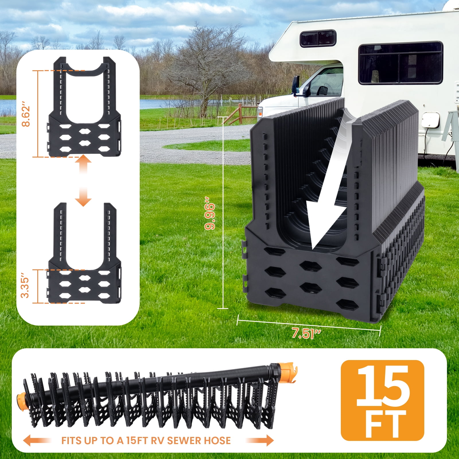 RV Sewer Hose Support, 15FT Adjustable RV Hose Support Holder Camper Sewer Hose Support for Fast & Secure Dumping with carrying Strap, Black