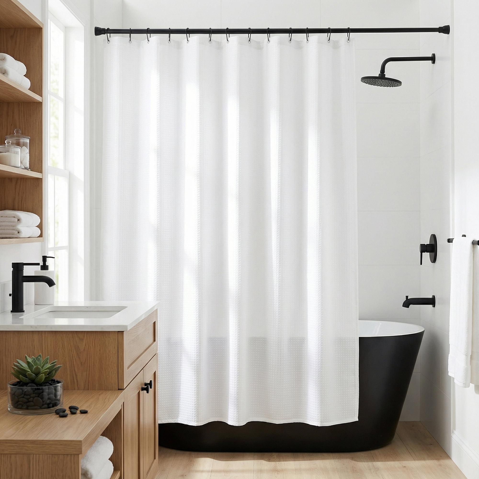 Unique Bargains Waffle Weave Shower Curtain Sets with 12 Hooks White 71"W x 71"L