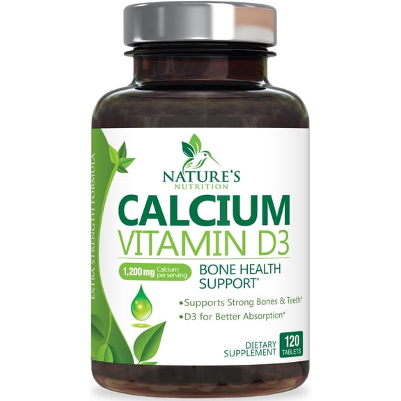Calcium Supplement 1200 mg - with Vitamin D3 for Best Absorption - Supports Immune Health, Bones & Teeth - Nature's Calcium Carbonate 1600 IU of D3 - Bottled in USA for Women & Men - 120 Tablets