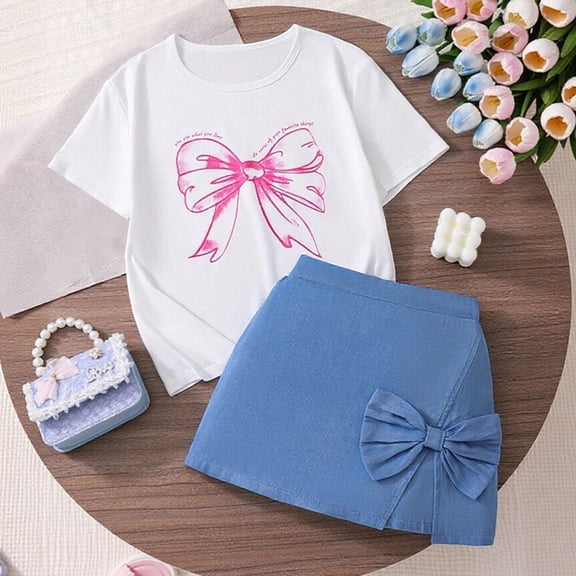 RTKFRFLM Big Girls 2-Piece Summer Set Crewneck Short Sleeve Bowknot Top and Denim Style Skort Skirt Trendy Casual Fashionable Outfits for and Girls Ages 8-12 Years Old